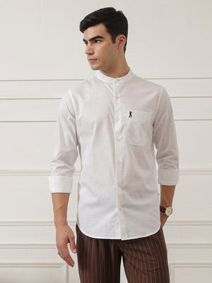 White Slim Fit Long Sleeves Mandarin Collar Solid Cotton Linen Casual Shirt For Men