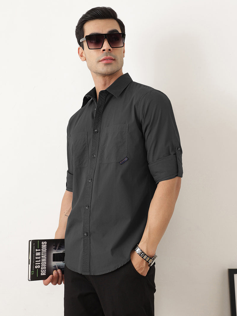 Thomas Scott Men Premium Dark Grey Slim Fit Long Roll-Up Sleeves Spread Collar Solid Cotton Casual Shirts