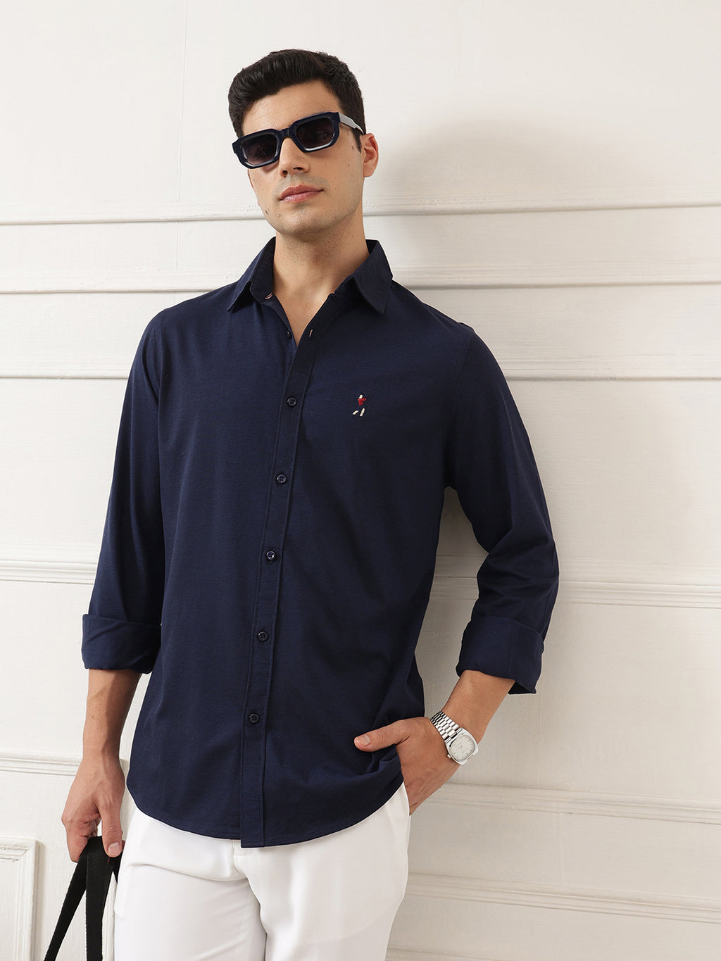 Navy Premium Regular Fit Spread Collar Full Sleeve Solid Cotton Casual Shirt For Men