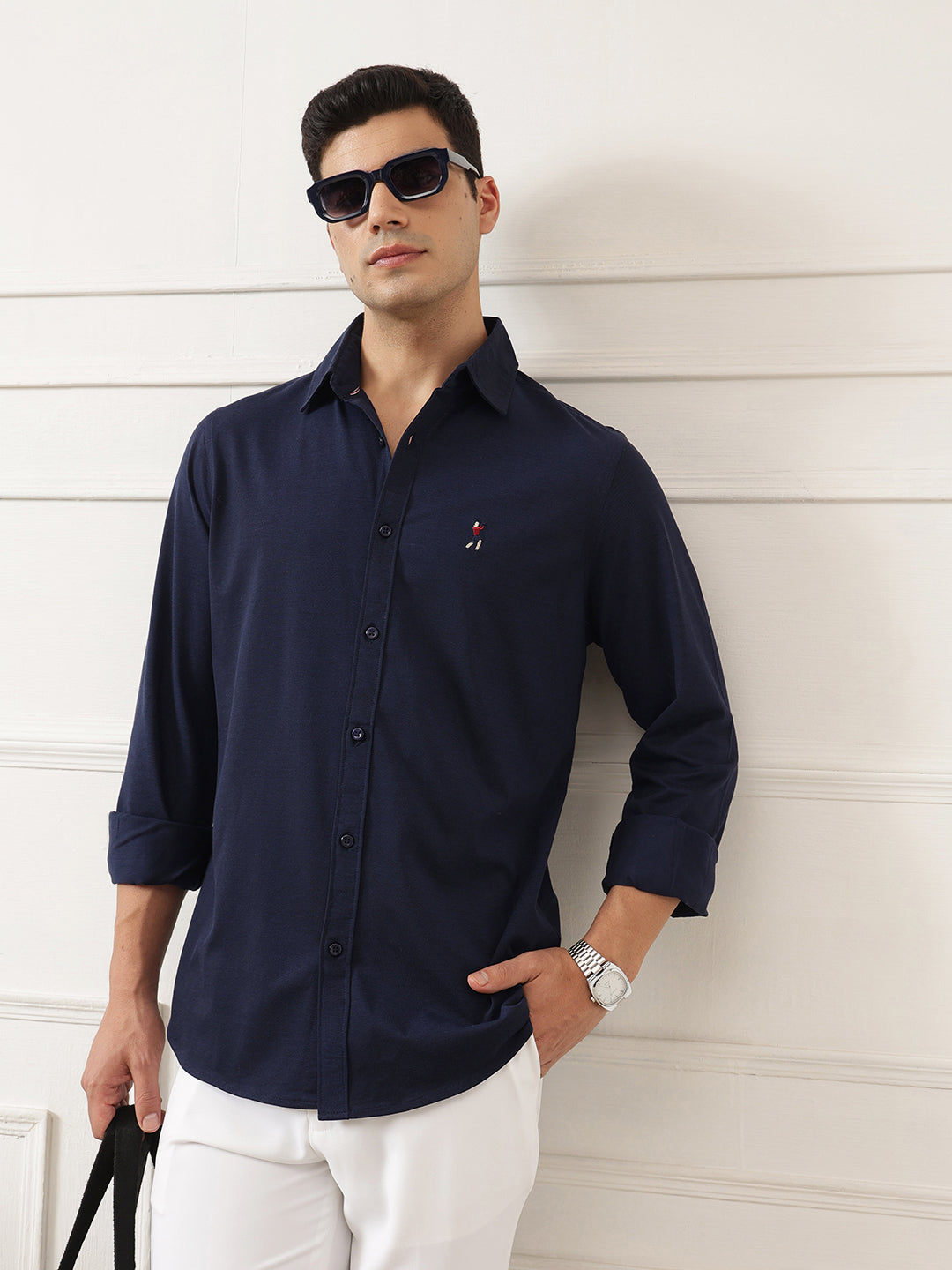 Navy Premium Regular Fit Spread Collar Full Sleeve Solid Cotton Casual Shirt For Men