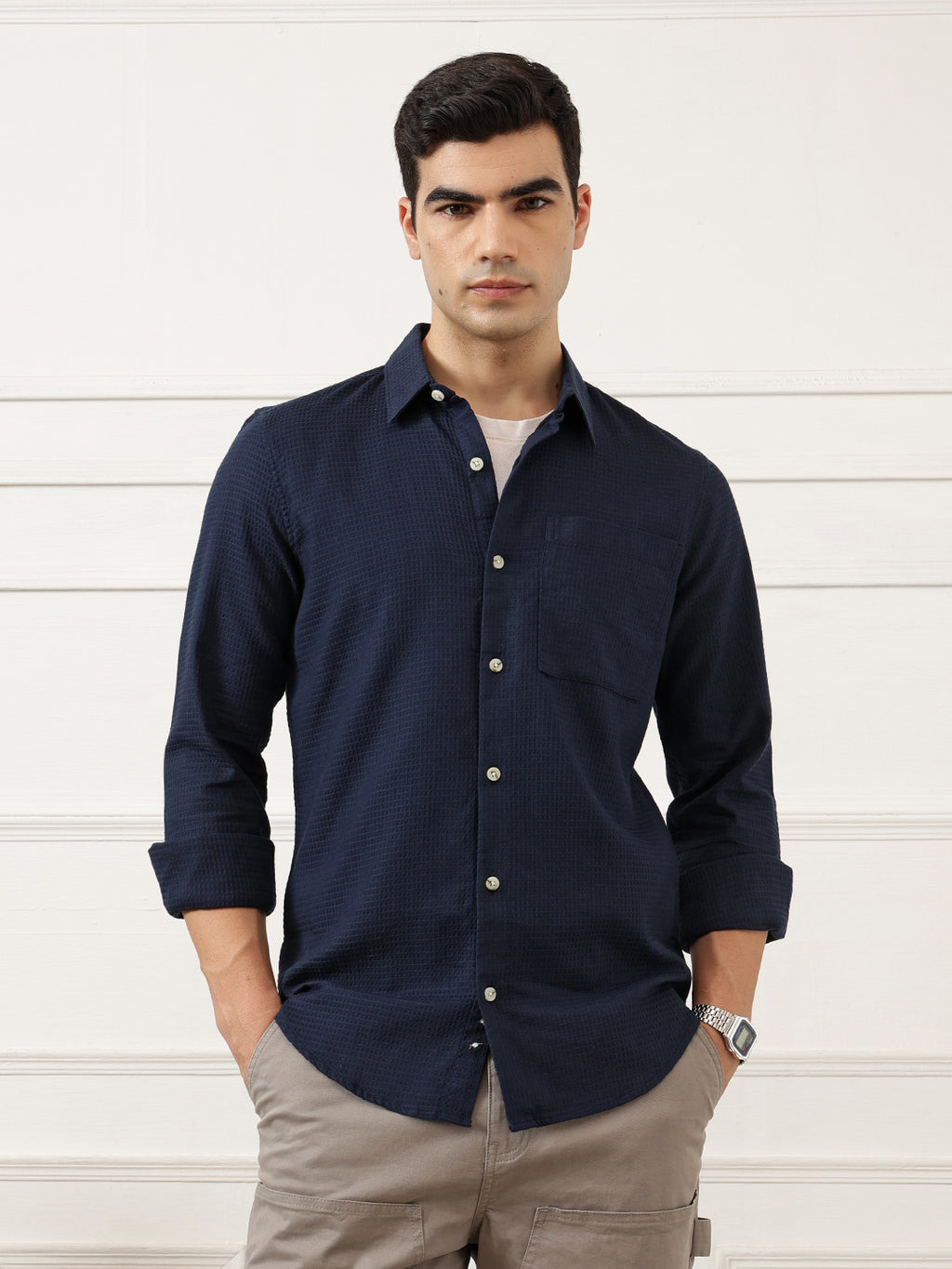 Navy Blue Premium Regular Fit Long Sleeves Spread Collar Textured Cotton Casual Shirt For Men