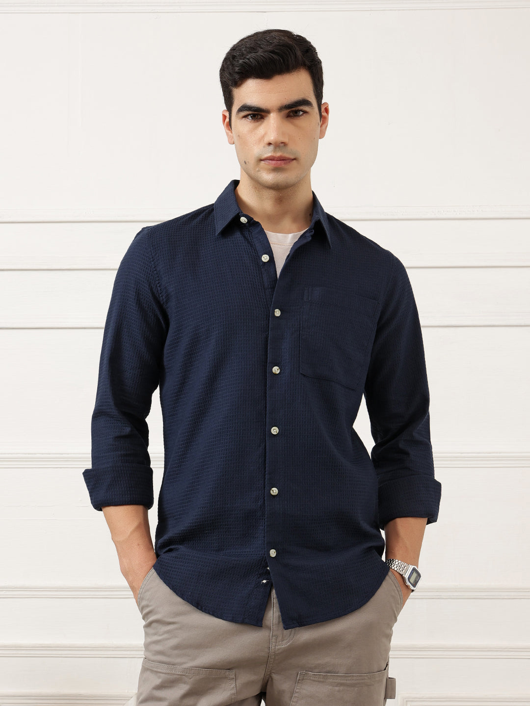 Navy Blue Premium Regular Fit Long Sleeves Spread Collar Textured Cotton Casual Shirt For Men