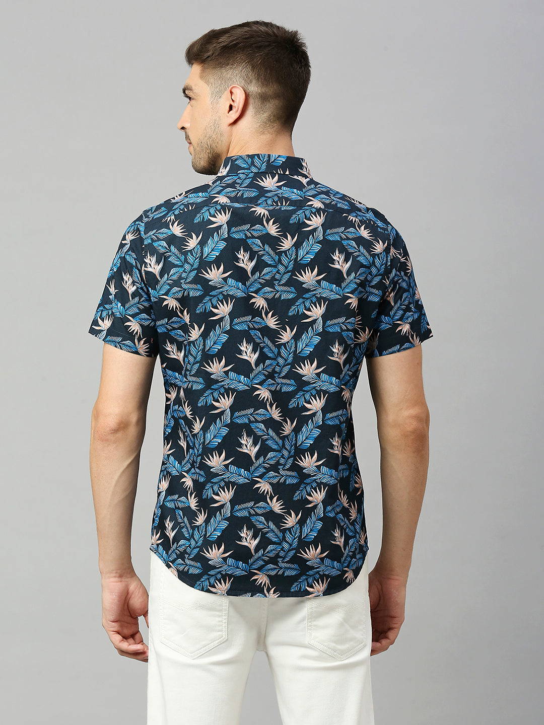 Thomas Scott Men Navy Classic Short Sleeves Slim Fit Spread Collar Floral Printed Cotton Casual Shirt