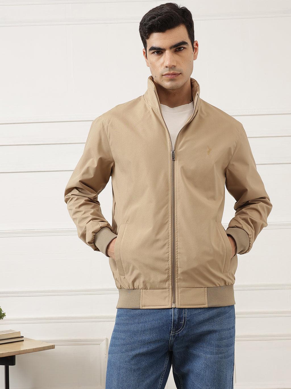 Beige Regular Fit Solid Full Sleeves Stand Collar Zip-Front Casual Bomber Jacket For Men