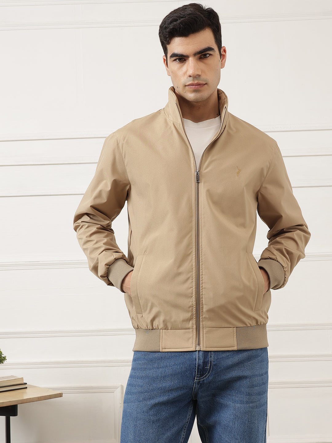 Beige Regular Fit Solid Full Sleeves Stand Collar Zip-Front Casual Bomber Jacket For Men