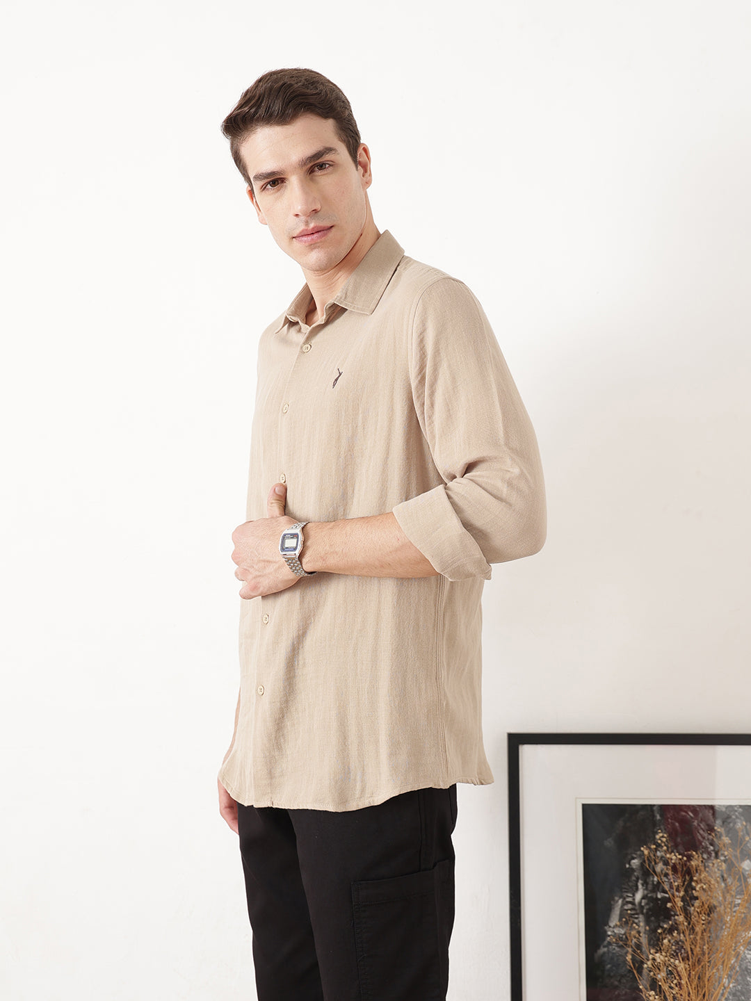 Beige Premium Regular Fit Long Sleeves Spread Collar Solid Cotton Casual Shirt For Men