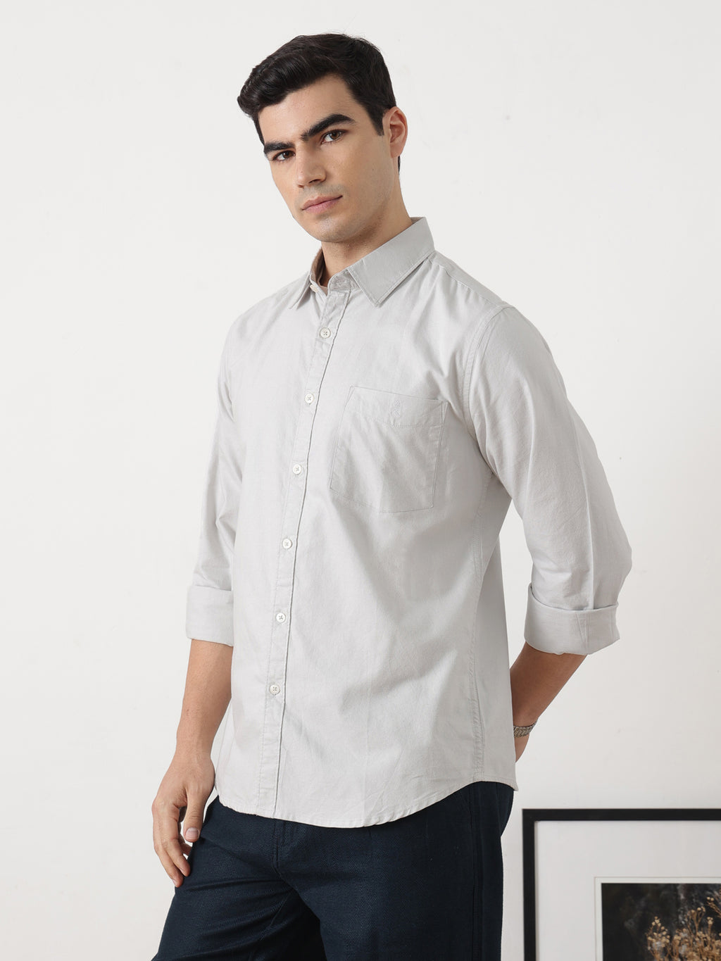 Light Grey Premium Slim Fit Long Sleeves Spread Collar Solid Cotton Oxford Casual Shirt For Men