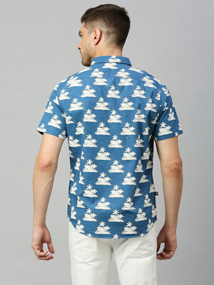 Thomas Scott Men Blue 1 Classic Short Sleeves Slim Fit Spread Collar Floral Printed Cotton Casual Shirt