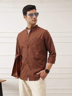 Rust Slim Fit Long Sleeves Mandarin Collar Solid Cotton Linen Casual Shirt For Men