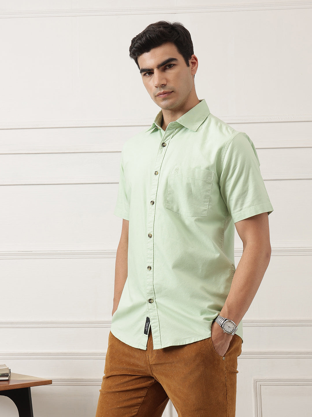 Pista Regular Fit Short Sleeve Spread Collar Solid Oxford Cotton Casual Shirt For Men