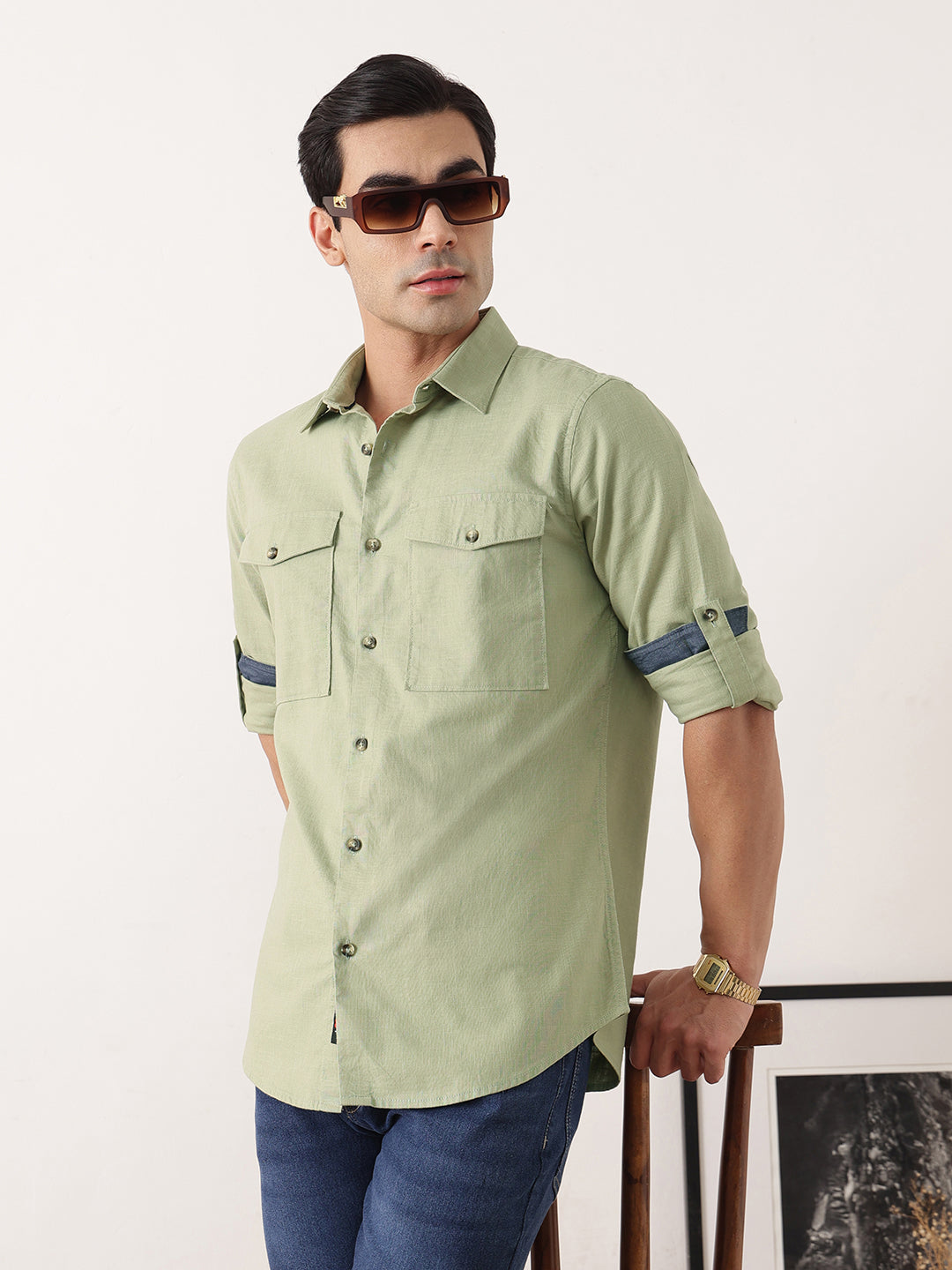 Thomas Scott Men Olive Premium Slim Fit Long Roll-Up Sleeves Spread Collar Solid Cotton Casual Shirt with Flap Pockets