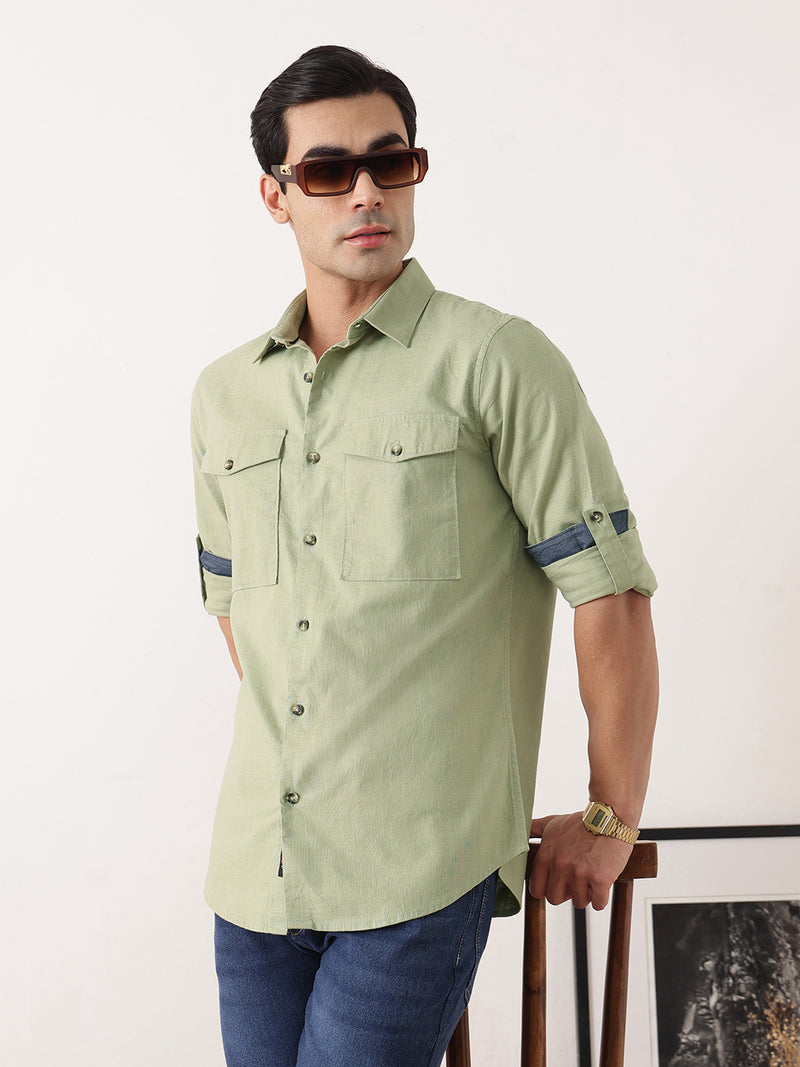 Thomas Scott Men Olive Premium Slim Fit Long Roll-Up Sleeves Spread Collar Solid Cotton Casual Shirt with Flap Pockets