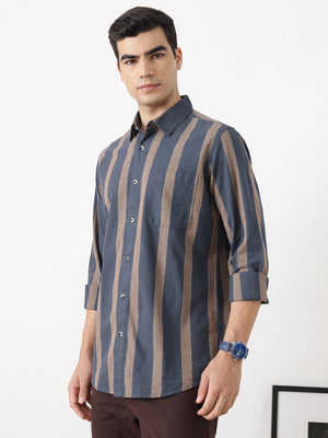Navy Regular Fit Long Sleeves Spread Collar Wide Striped Cotton Linen Casual Shirt For Men
