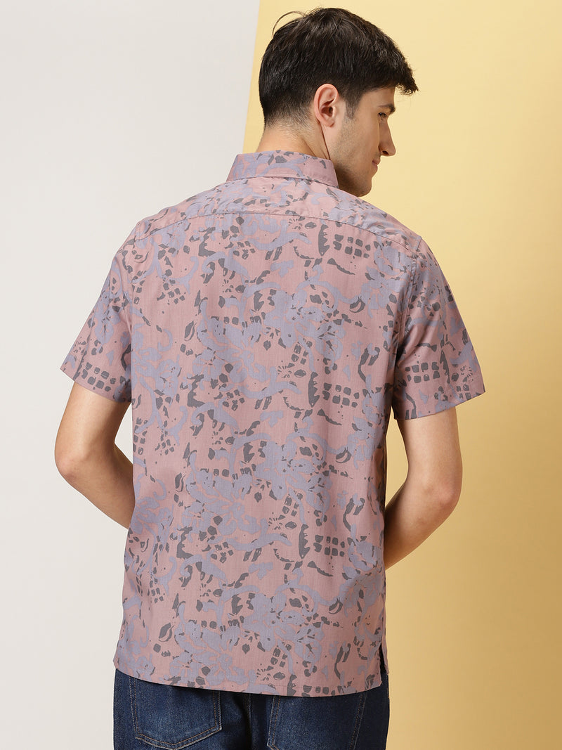 Thomas Scott Men Purple Smart Slim Fit Short Sleeves Spread Collar Floral Printed Cotton Casual Shirt
