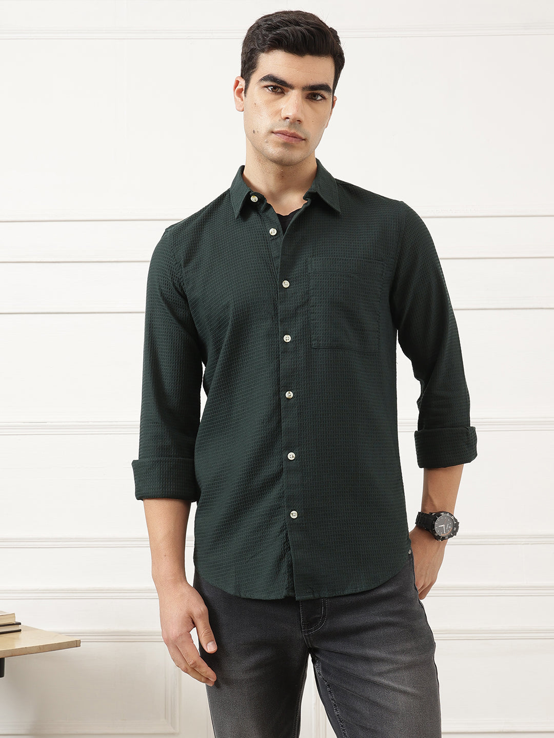 Green Premium Regular Fit Long Sleeves Spread Collar Textured Cotton Casual Shirt For Men