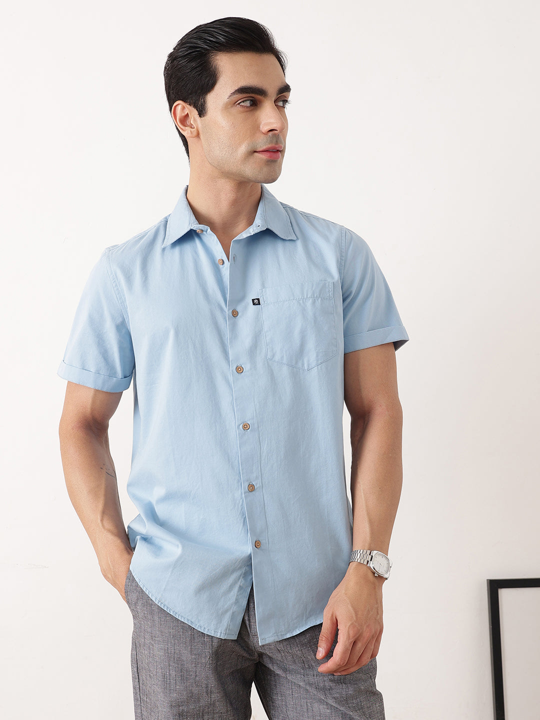 Thomas Scott Men Blue Premium Slim Fit Short Sleeves Spread Collar Solid Cotton Twill Casual Shirt