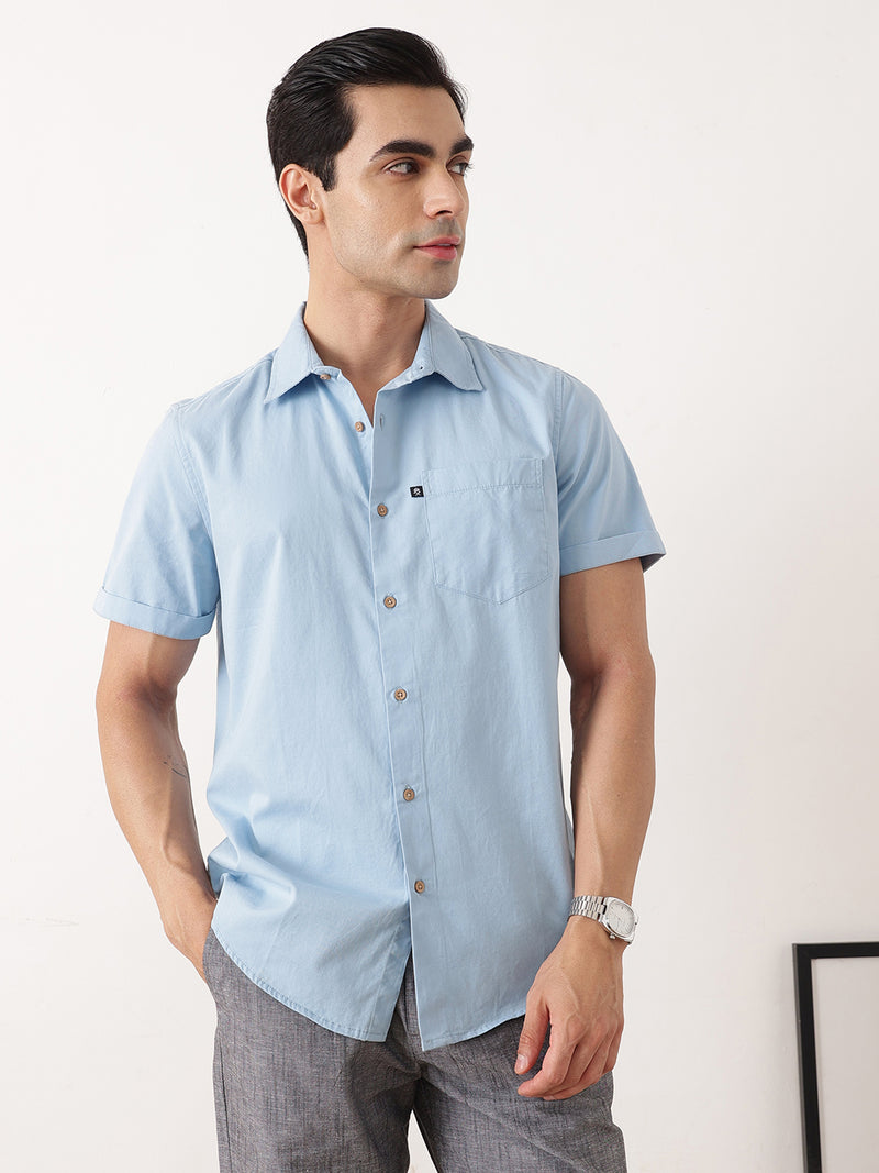 Thomas Scott Men Blue Premium Slim Fit Short Sleeves Spread Collar Solid Cotton Twill Casual Shirt
