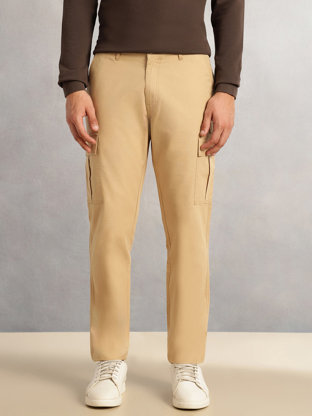 Beige Cricket Club Collection Straight Fit Solid 4 Pockets Design Woven Cargo Trouser