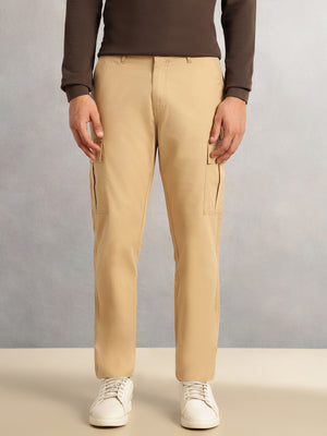 Beige Cricket Club Collection Straight Fit Solid 4 Pockets Design Woven Cargo Trouser