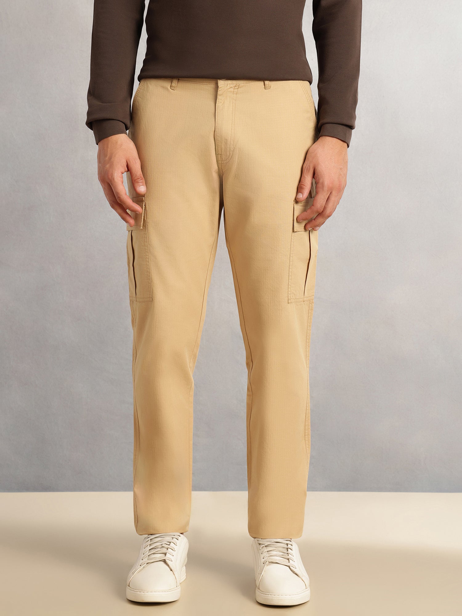 Beige Cricket Club Collection Straight Fit Solid 4 Pockets Design Woven Cargo Trouser