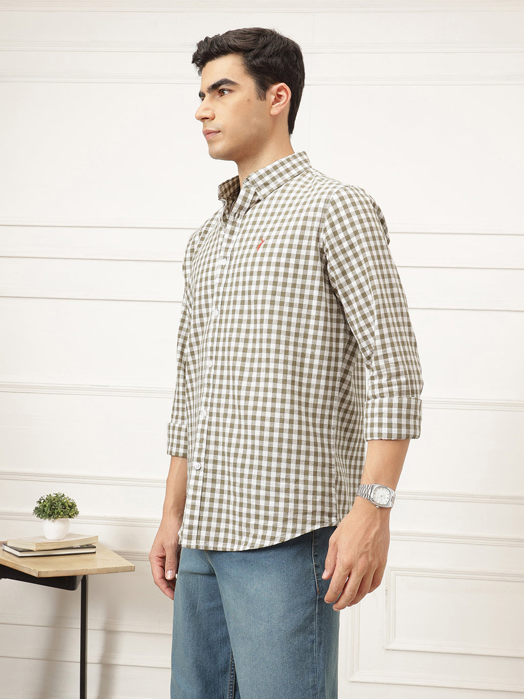 Brown Premium Regular Fit Gingham Checks Cotton Linen Shirt For Men