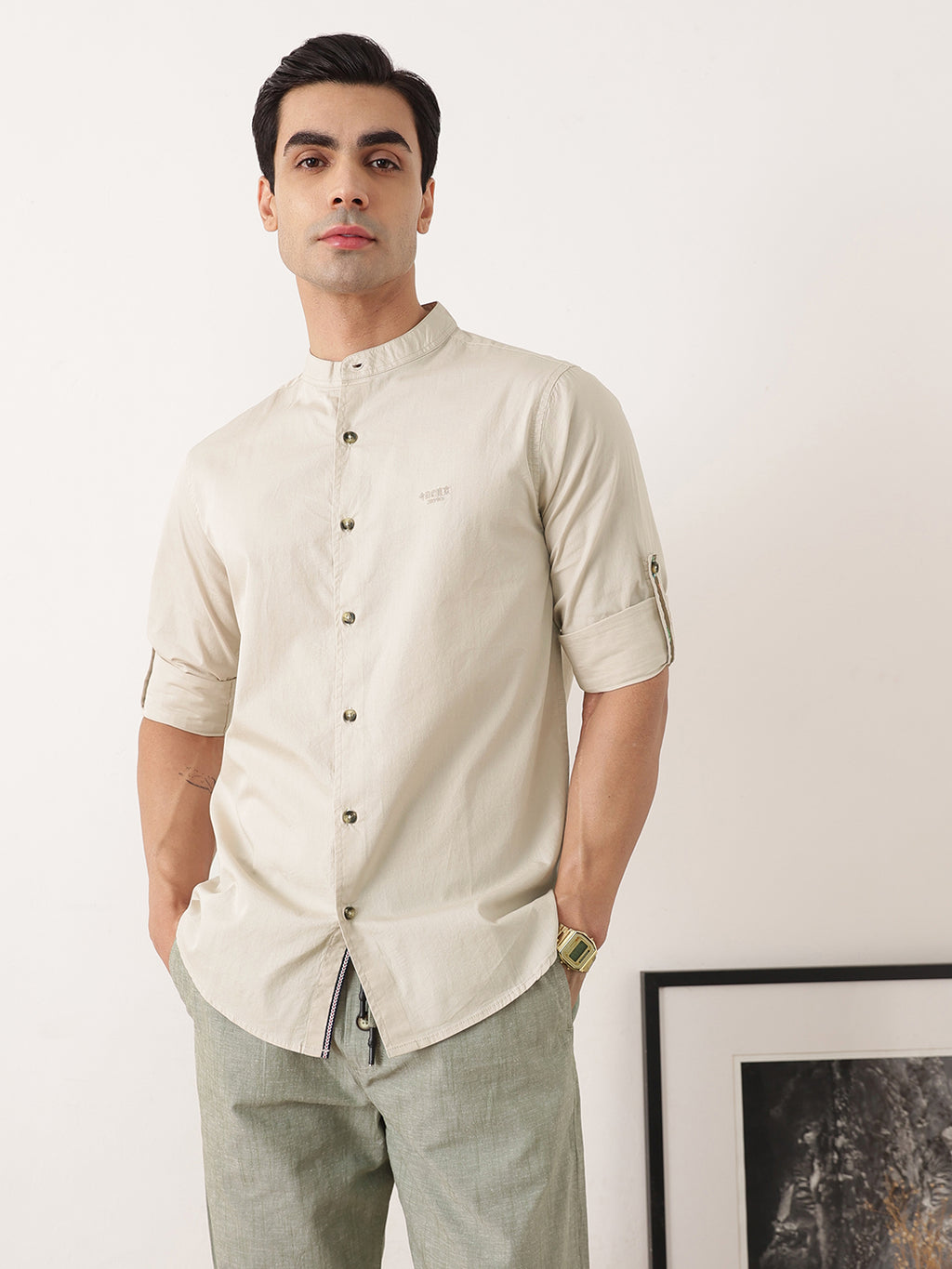 Thomas Scott Men Beige Premium Regular Fit Long Roll-Up Sleeves Mandarin Collar Solid Cotton Casual Shirts