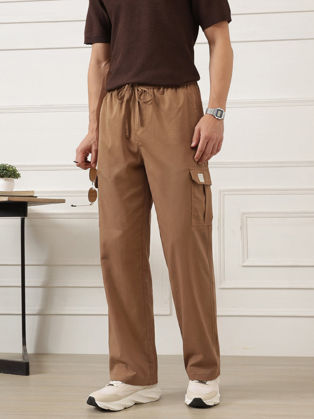 Cream Smart Easy Wash Relaxed Fit Mid-Rise Solid Woven Cargo Trouser For Men