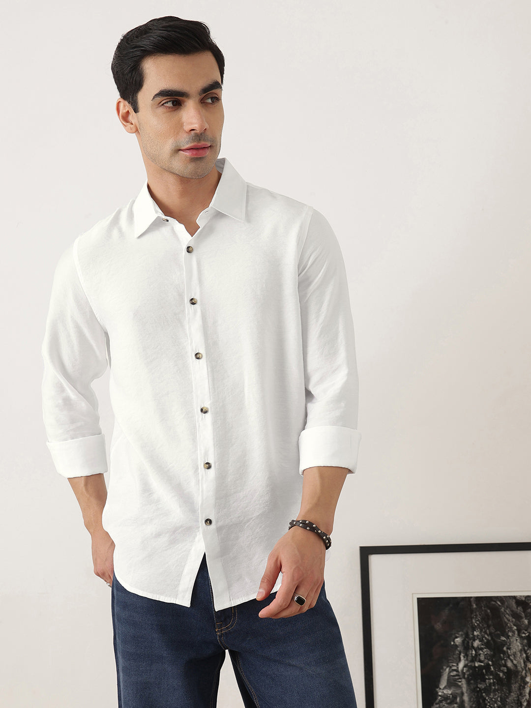 Thomas Scott Men White Premium Slim Fit Long Sleeves Semi Cutaway Collar Textured Casual Shirt