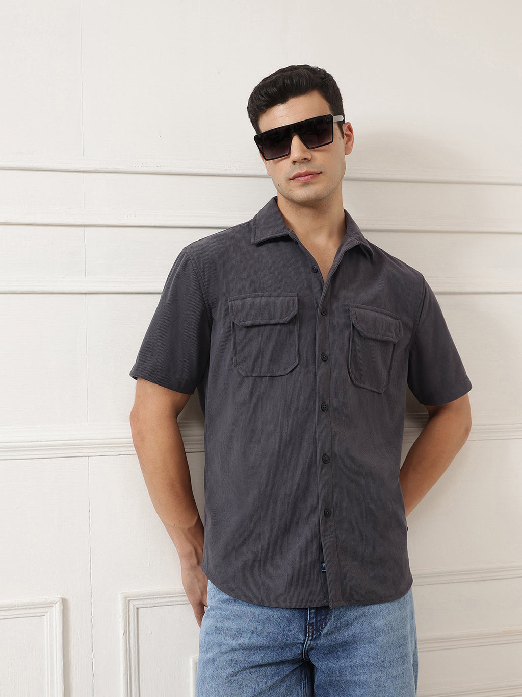 Dark Grey Oversized Short Sleeves Spread Collar Corduroy Shirt For Men