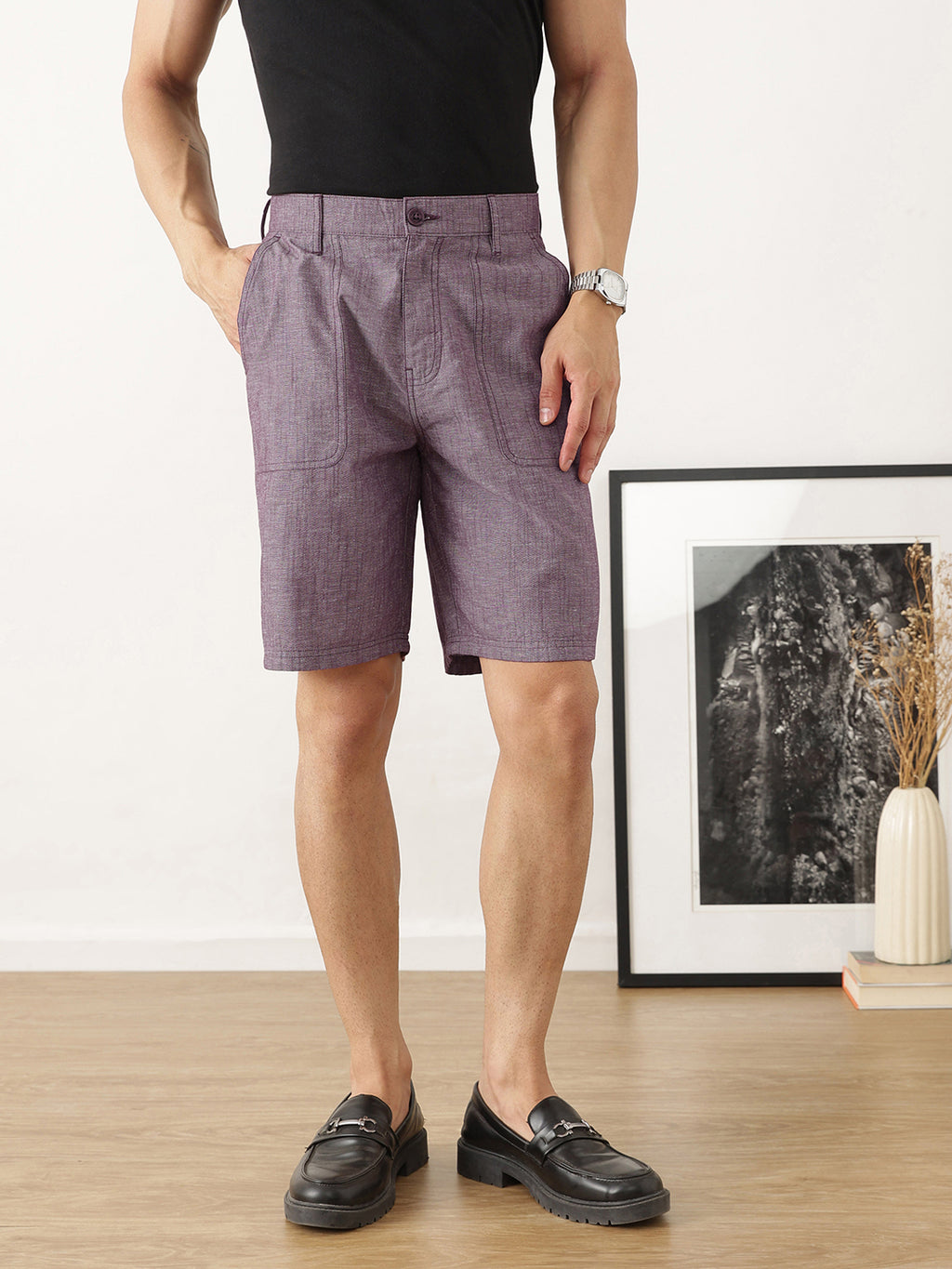 Thomas Scott Men Maroon Regular Fit Mid-Rise Solid Woven Cotton Linen Shorts
