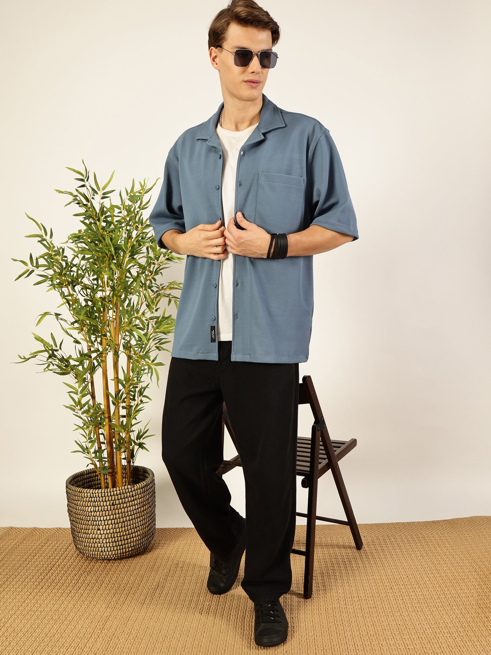 Thomas Scott Men Mid Blue Premium Short Sleeves Regular Fit Cuban Collar Textured Cotton Twill Shirt