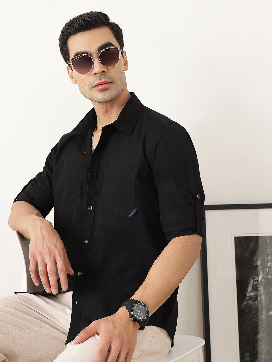 Thomas Scott Men Black Premium Slim Fit Long Roll-Up Sleeves Spread Collar Solid Cotton Casual Shirts