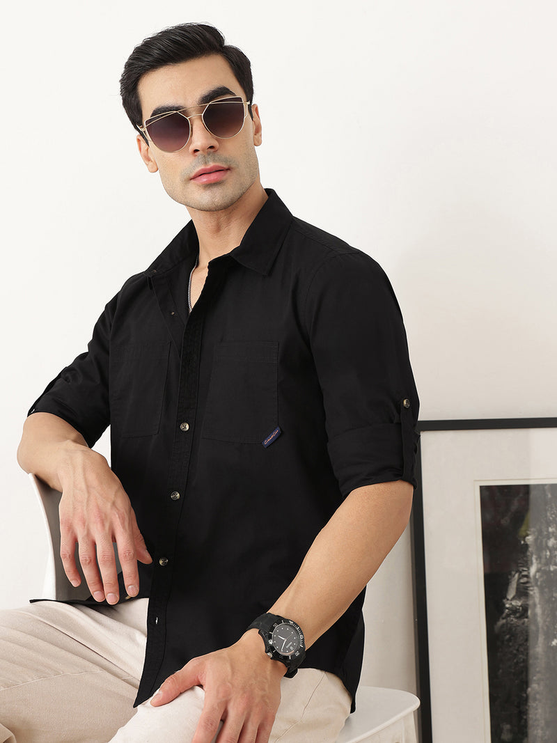 Thomas Scott Men Black Premium Slim Fit Long Roll-Up Sleeves Spread Collar Solid Cotton Casual Shirts