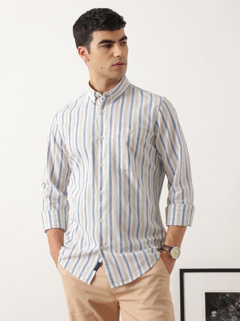 Thomas Scott Men Premium Blue Slim Fit Long Sleeves Vertical Striped Cotton Linen Casual Shirt with Button Down Collar
