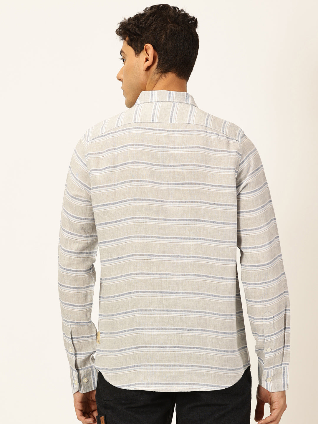 Thomas Scott Men Grey Premium Long Sleeves Spread Collar Horizontal Stripes Linen Casual Shirt