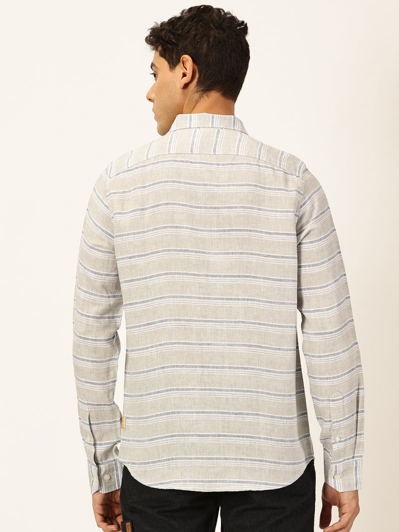 Thomas Scott Men Grey Premium Long Sleeves Spread Collar Horizontal Stripes Linen Casual Shirt