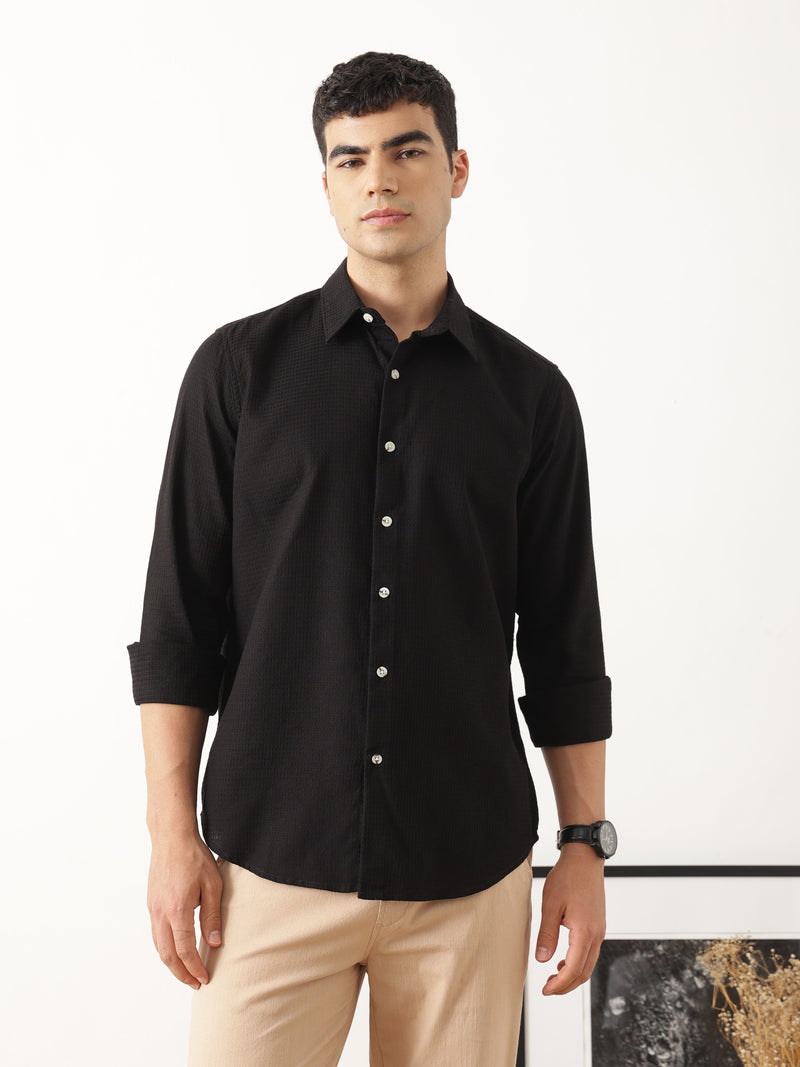 Thomas Scott Men Premium Black Regular Fit Long Sleeves Spread Collar Textured Casual Shirt