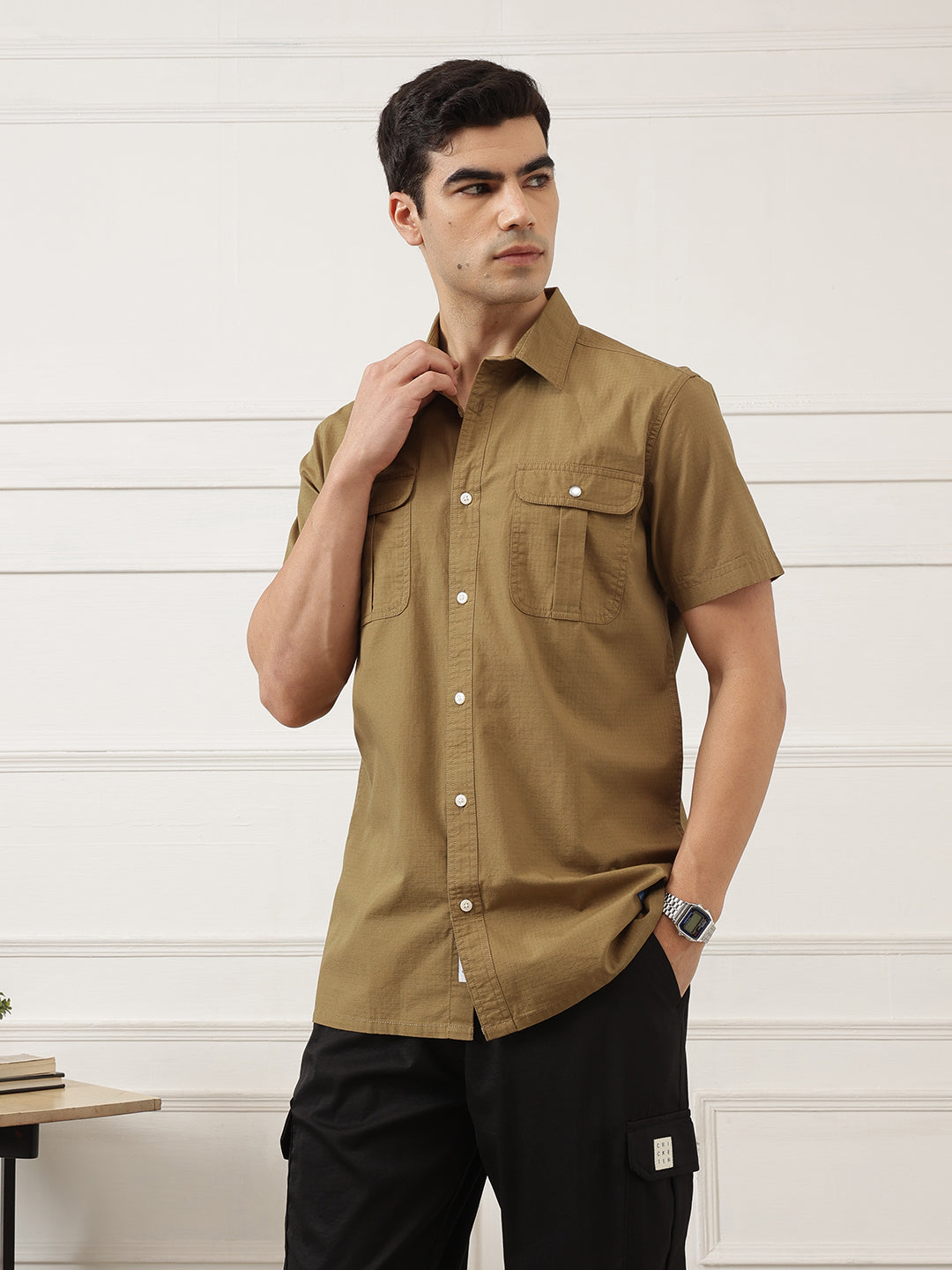 Khaki Premium Regular Fit Short Sleeves Spread Collar Textured Casual Shirt For Men