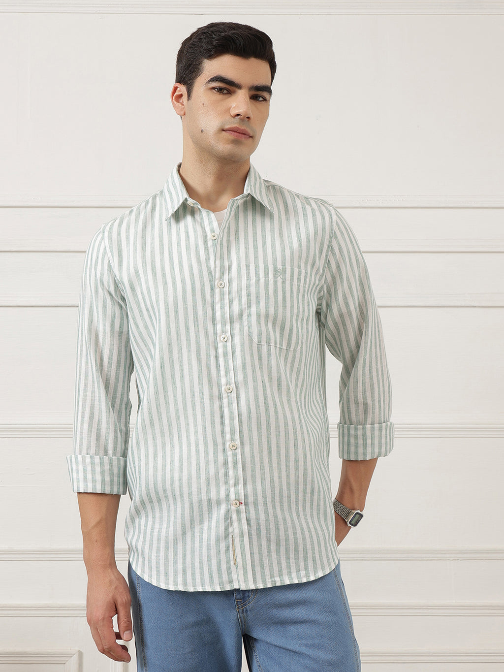 Green Premium Regular Fit Long Sleeves Vertical Striped Cotton Linen Casual Shirt For Men