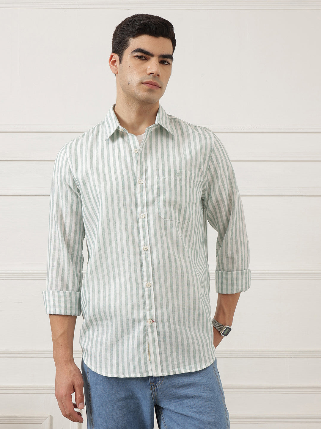Green Premium Regular Fit Long Sleeves Vertical Striped Cotton Linen Casual Shirt For Men