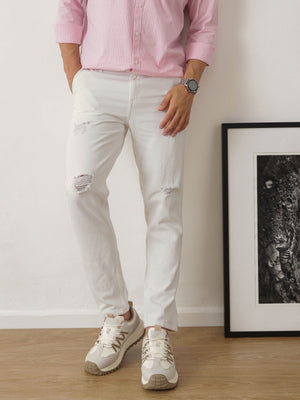 White Carrot Fit Mildly Distressed Non Stretchable Jeans For Men