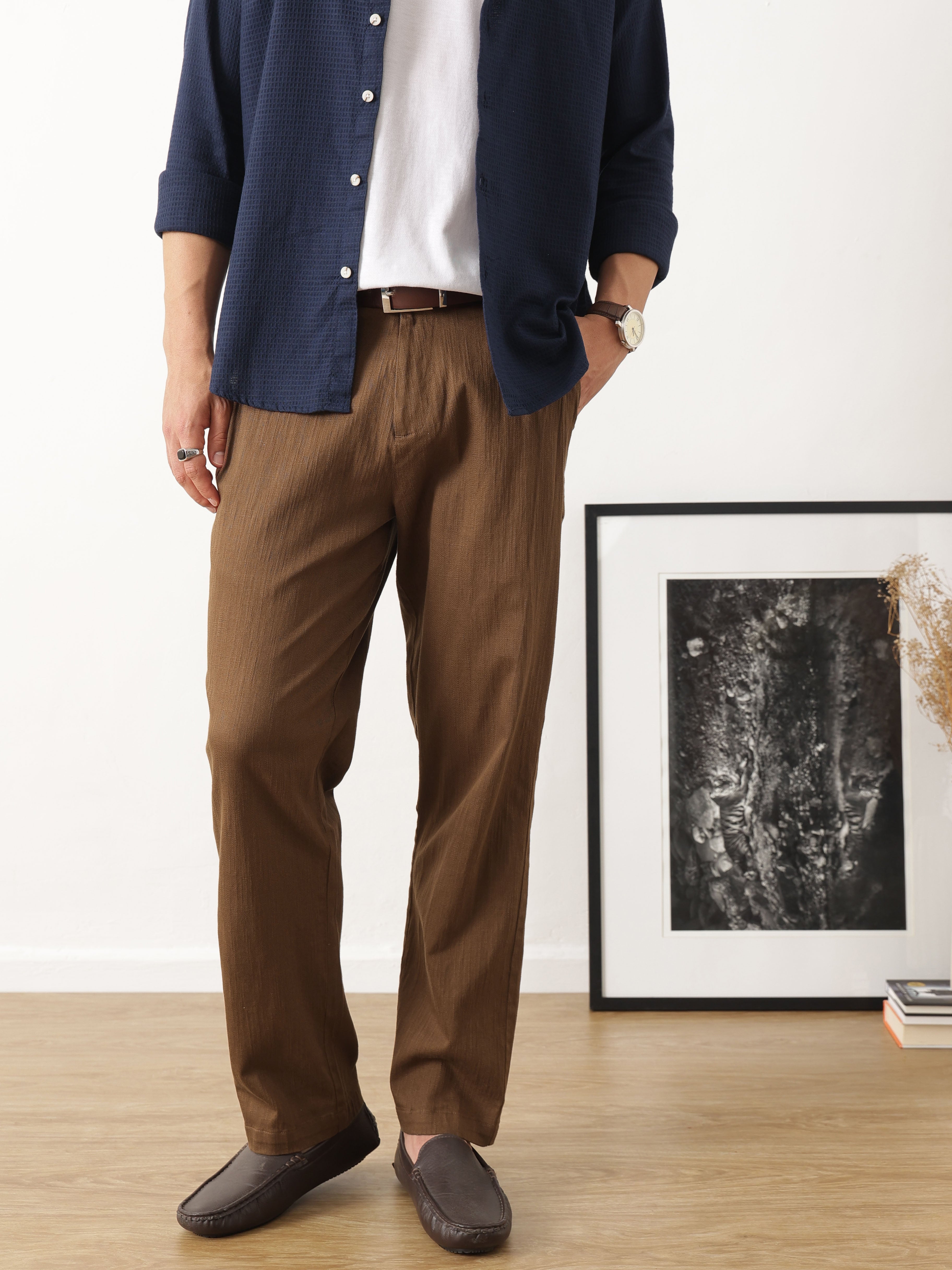 Thomas Scott Men Brown Smart Solid Regular Fit Woven Linen Pleated Trousers