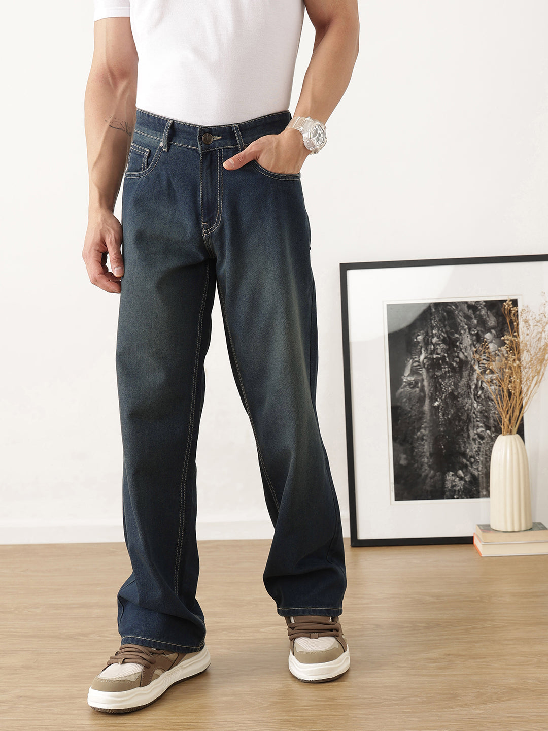 Thomas Scott Men Dark Blue Baggy Fit Medium Shade Clean Look Non Stretchable Jeans