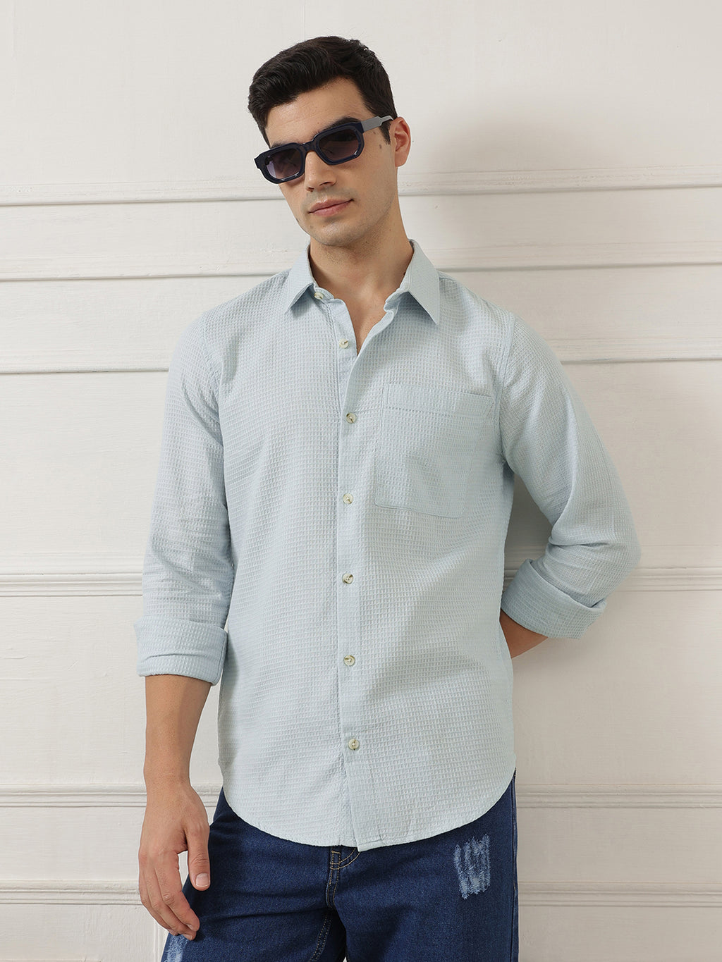 Sky Blue Premium Regular Fit Long Sleeves Spread Collar Textured Cotton Casual Shirt For Men