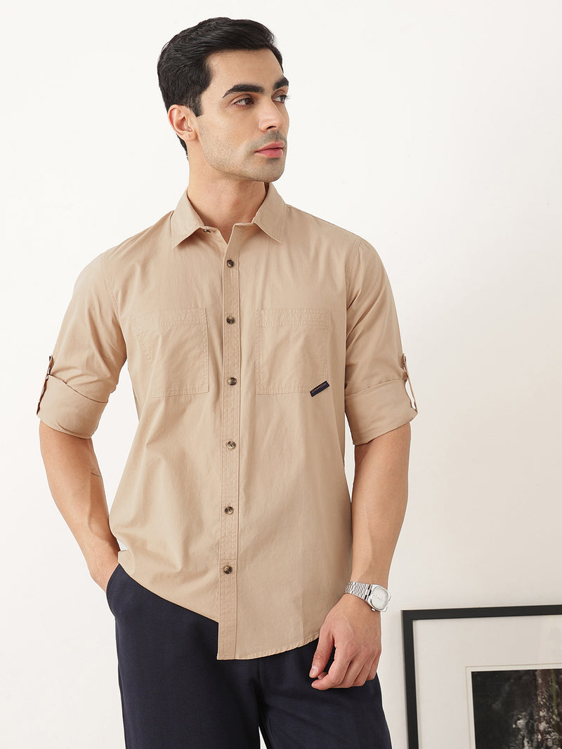 Thomas Scott Men Premium Khaki Slim Fit Long Roll-Up Sleeves Spread Collar Solid Cotton Casual Shirts