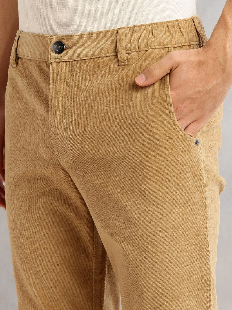 Thomas Scott Men Beige Regular Fit Mid-Rise 4 Pockets Woven Corduroy Trouser