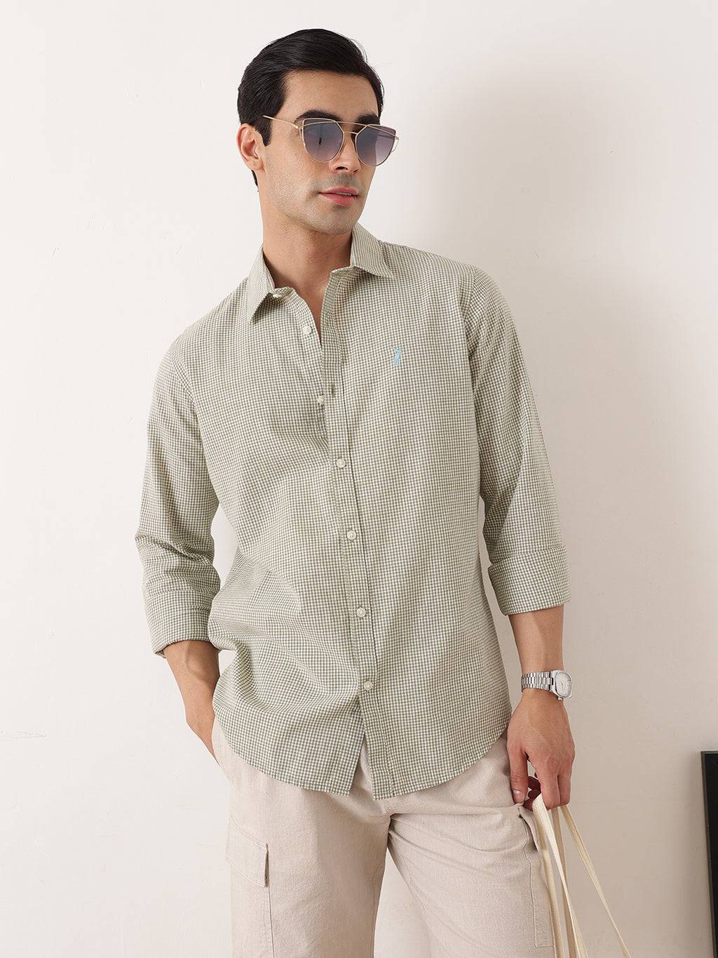 Thomas Scott Men Olive Premium Regular Fit Long Sleeves Spread Collar Gingham Checks Cotton Linen Casual Shirt