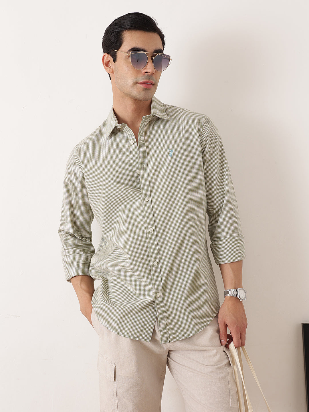 Thomas Scott Men Olive Premium Regular Fit Long Sleeves Spread Collar Gingham Checks Cotton Linen Casual Shirt
