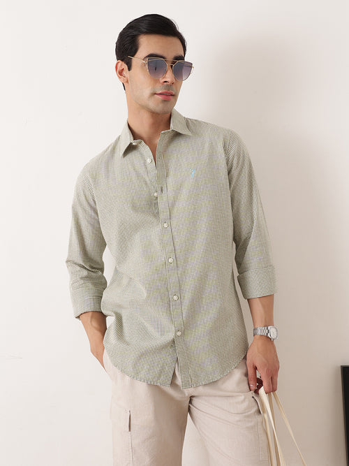 Thomas Scott Men Olive Premium Regular Fit Long Sleeves Spread Collar Gingham Checks Cotton Linen Casual Shirt