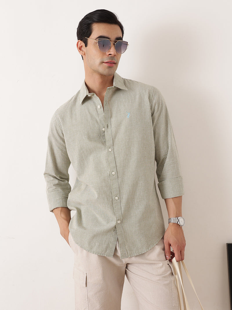 Thomas Scott Men Olive Premium Regular Fit Long Sleeves Spread Collar Gingham Checks Cotton Linen Casual Shirt